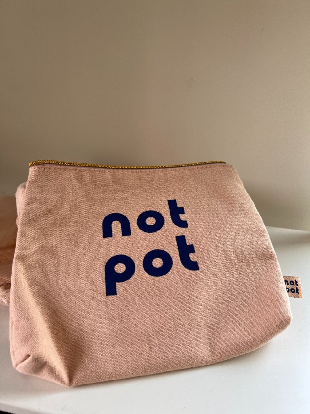 new Not Pot pink cotton zip pouch with blue lining